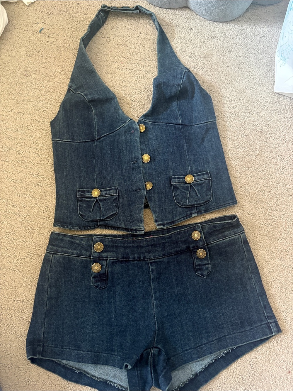 Edikted Dark Blue Denim Short Set with Brass Buttons